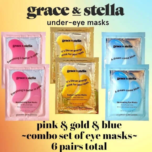 ➡️ 2/$25⬅️ Grace & Stella—Pink & Gold & Blue—Combo Set Eye Masks—6 Pairs *New* - Picture 1 of 11